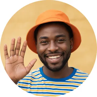 AI-generated photo: a smiling man in an orange bucket hat, waving