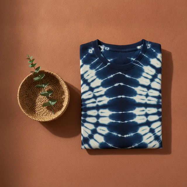 AI-generated photo: a folded hand-dyed indigo adire T-shirt beside a woven basket
